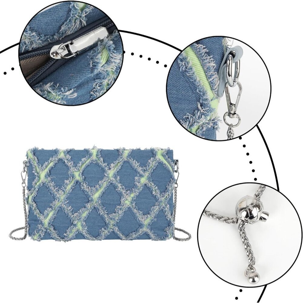 Women Denim Mini Bucket Crossbody Bag Quilted Distressed Tassel Purse - Picture 4 of 7